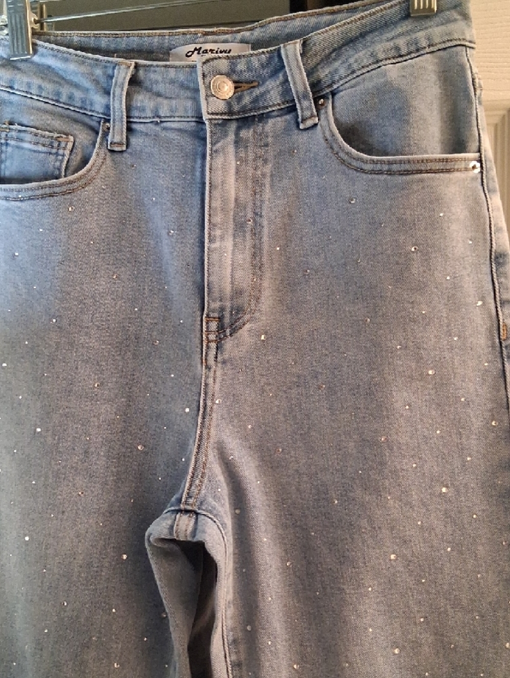 High-Rise Light Blue Wide-leg  Jeans with Rhinestone Detail - Picture 2 of 5